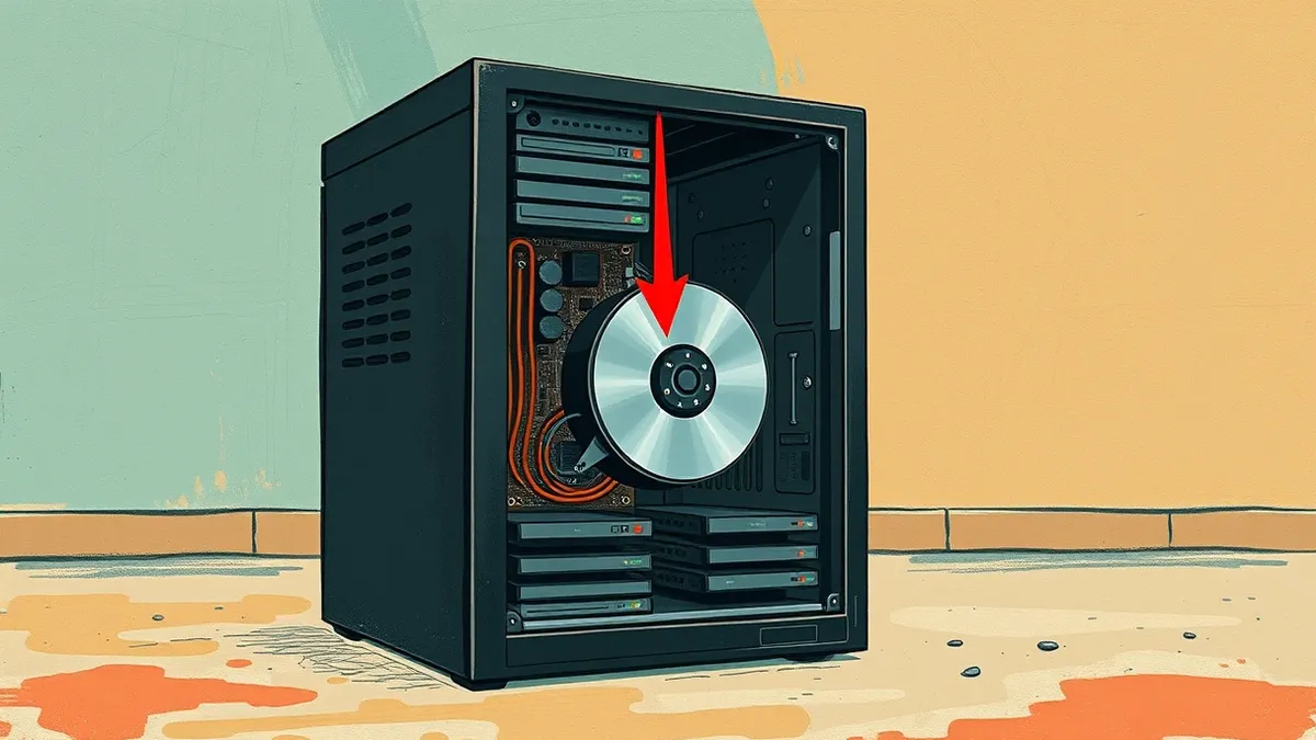 Illustration: A sleek black tower server sits on a dusty floor, its side panel removed to expose the intricate motherboard and spinning hard drives.