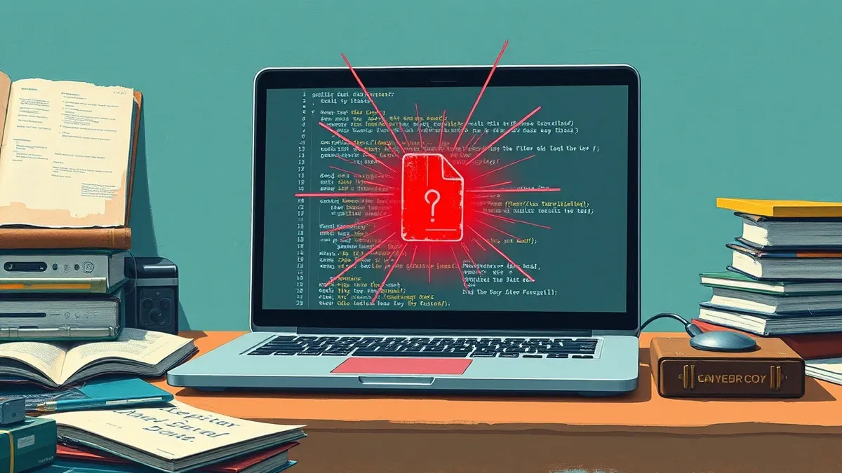 Illustration: A sleek laptop sits on a cluttered desk, its screen displaying a coding interface with a single highlighted file icon pulsing in red.