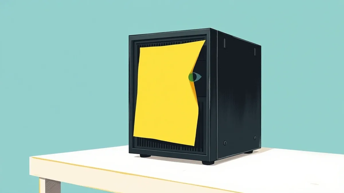 Illustration: A sleek black server tower sits on a clean white desk.