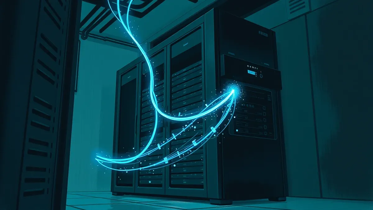 Illustration: A sleek black server rack sits in a dim server room.