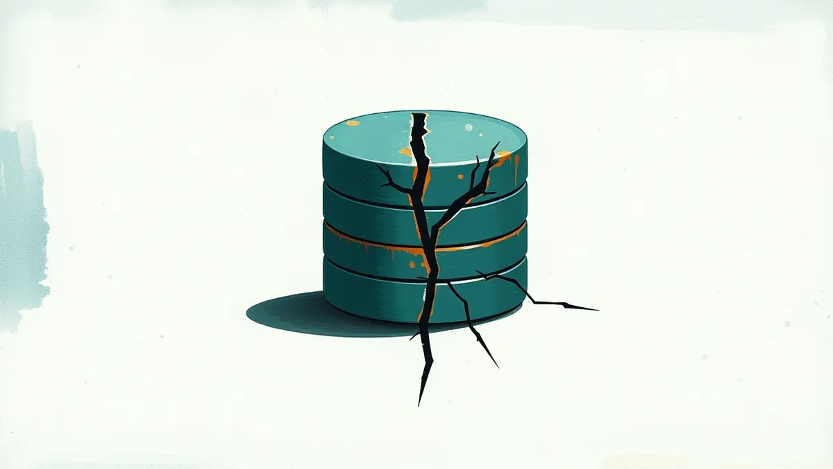 Illustration: A cracked database icon sits isolated on a blank digital interface.