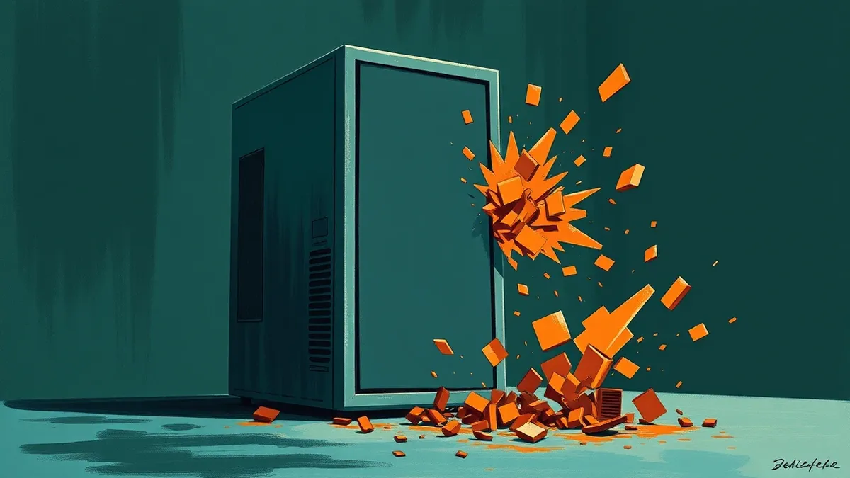 Illustration: A sleek server tower sits in a dark room, its front panel blank and featureless.