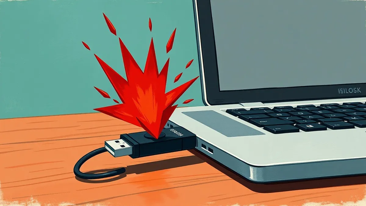 Illustration: A black USB flash drive plugs into a laptop port on a wooden desk.