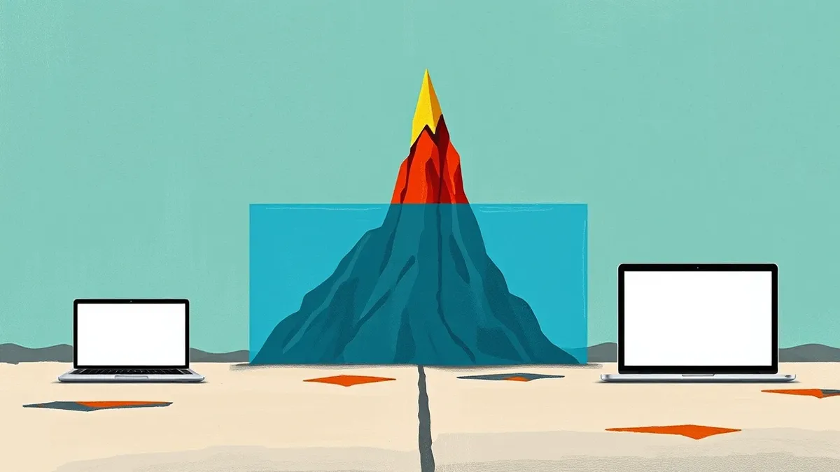 Illustration: A split digital landscape shows a tall, jagged red spike on one side and a low, flat grey line on the other.