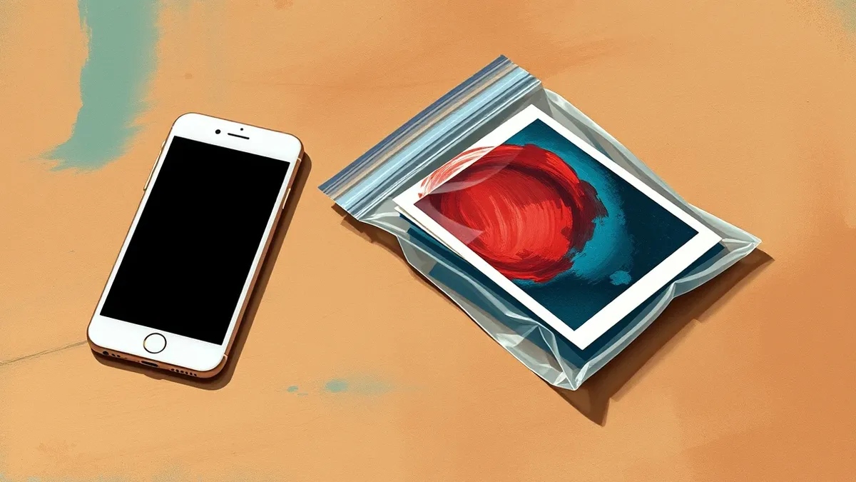 Illustration: A white smartphone rests on a wooden table next to a small, translucent plastic zip-lock bag filled with colorful photo prints.