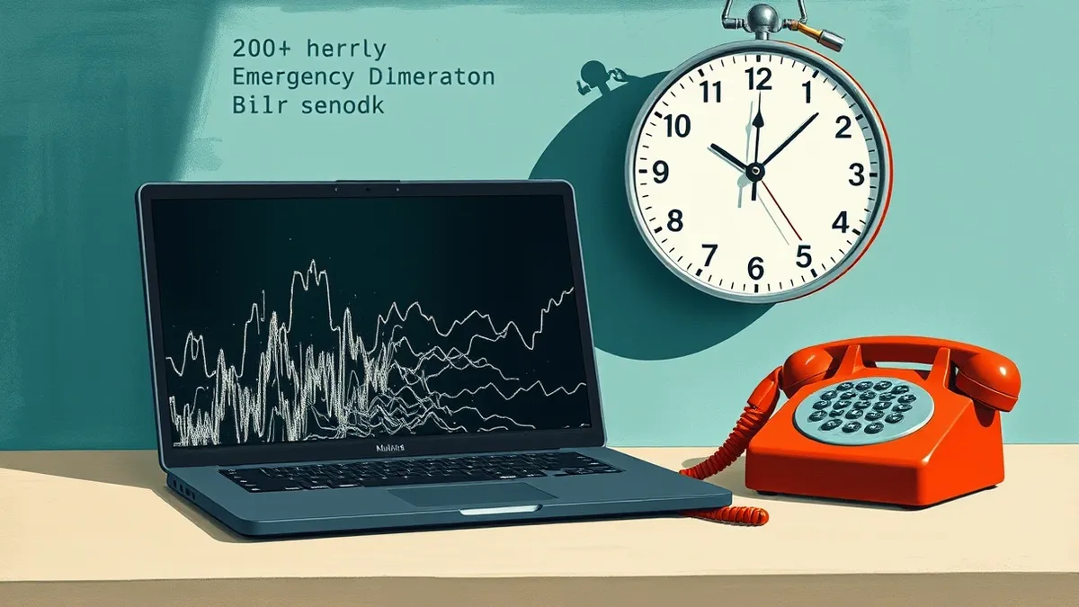 Illustration: A sleek black laptop sits on a plain desk next to a red emergency dispatch telephone.