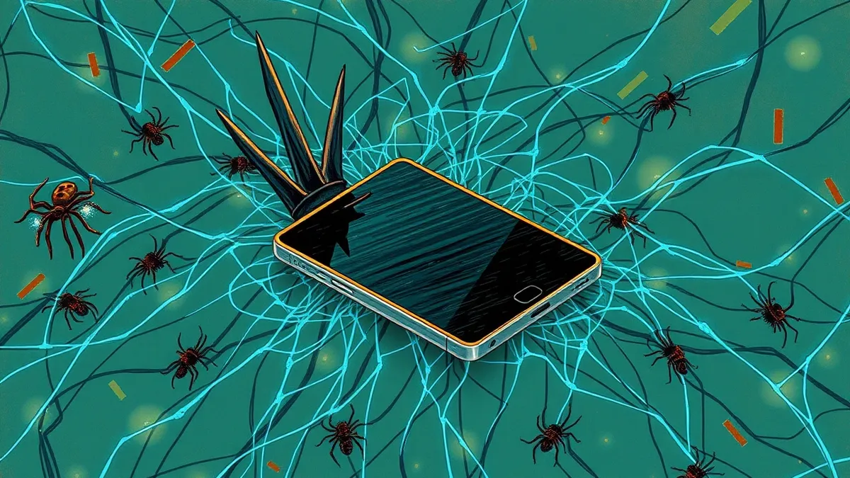 Illustration: A tangled web of glowing blue threads wraps around a sleek smartphone, with dark, jagged spikes piercing through the network mesh.
