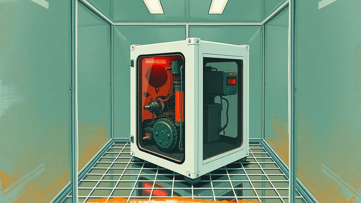 Illustration: A white container box sits on a metal grid inside a glass cube.