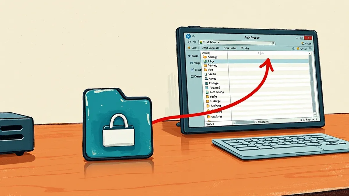 Illustration: A sleek portable archive manager icon rests on a polished wooden desktop next to an open folder window displaying nested directory lines.