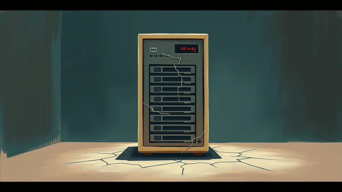 Illustration: A dusty, vintage server tower sits alone in a dimly lit room.