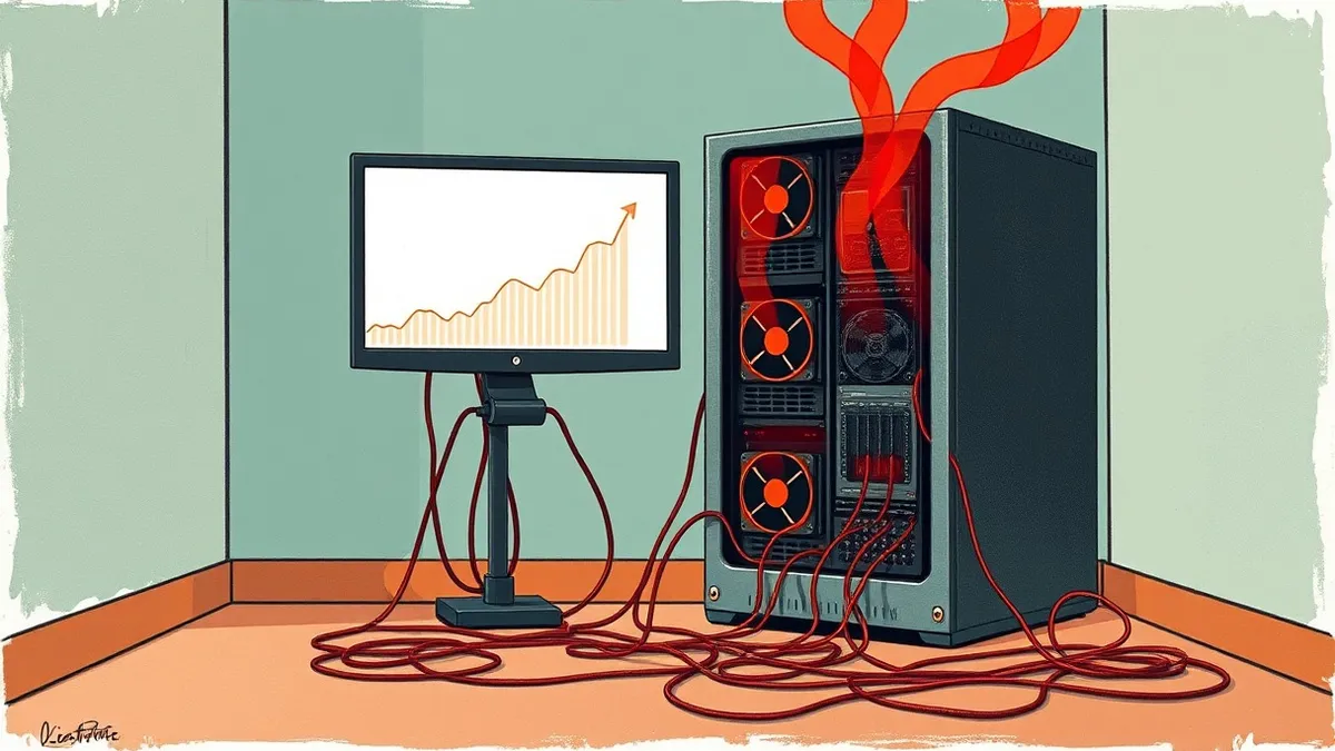 Illustration: A small office server rack sits open in a quiet room, its internal fans spinning rapidly while red heat waves rise from the processing units.
