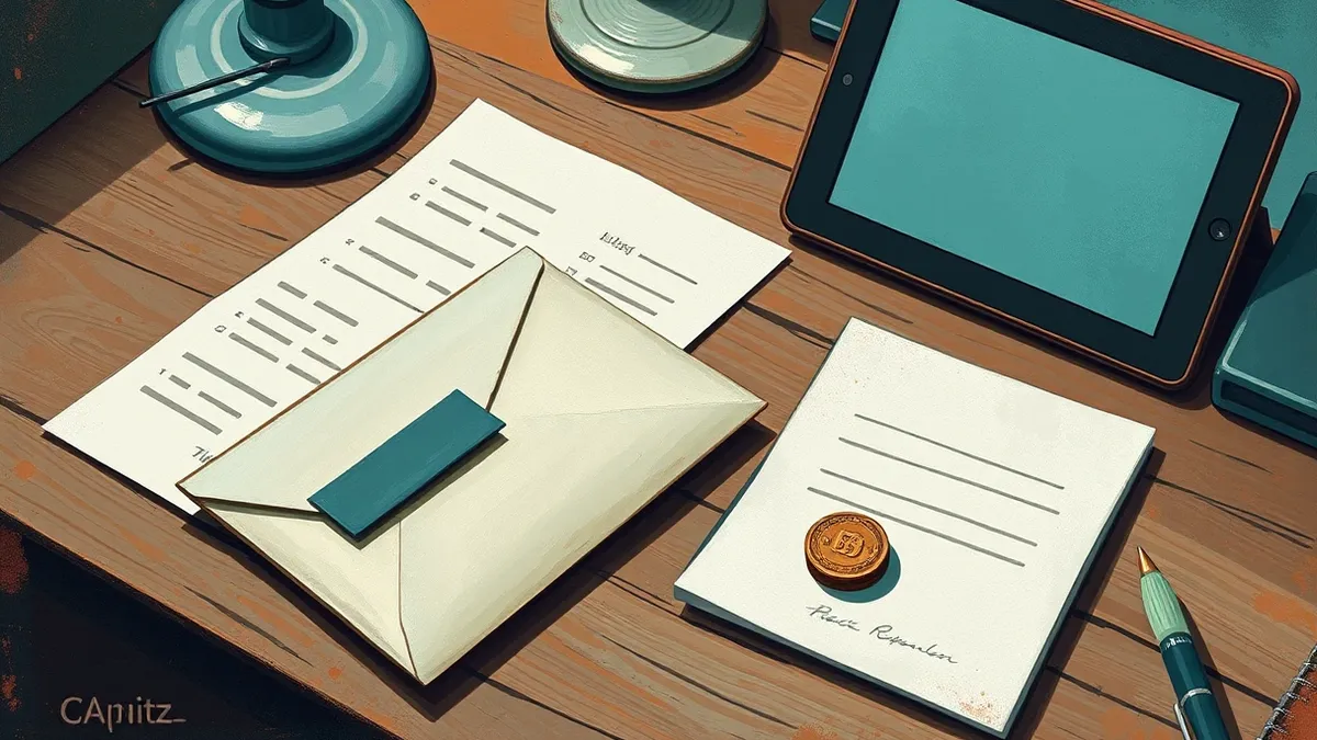 Illustration: A sealed envelope rests on a wooden desk next to a simple paper contract with blank lines for signatures.