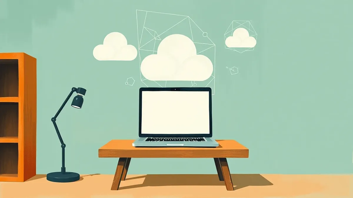 Illustration: A small wooden desk holds a single laptop with a blank screen.