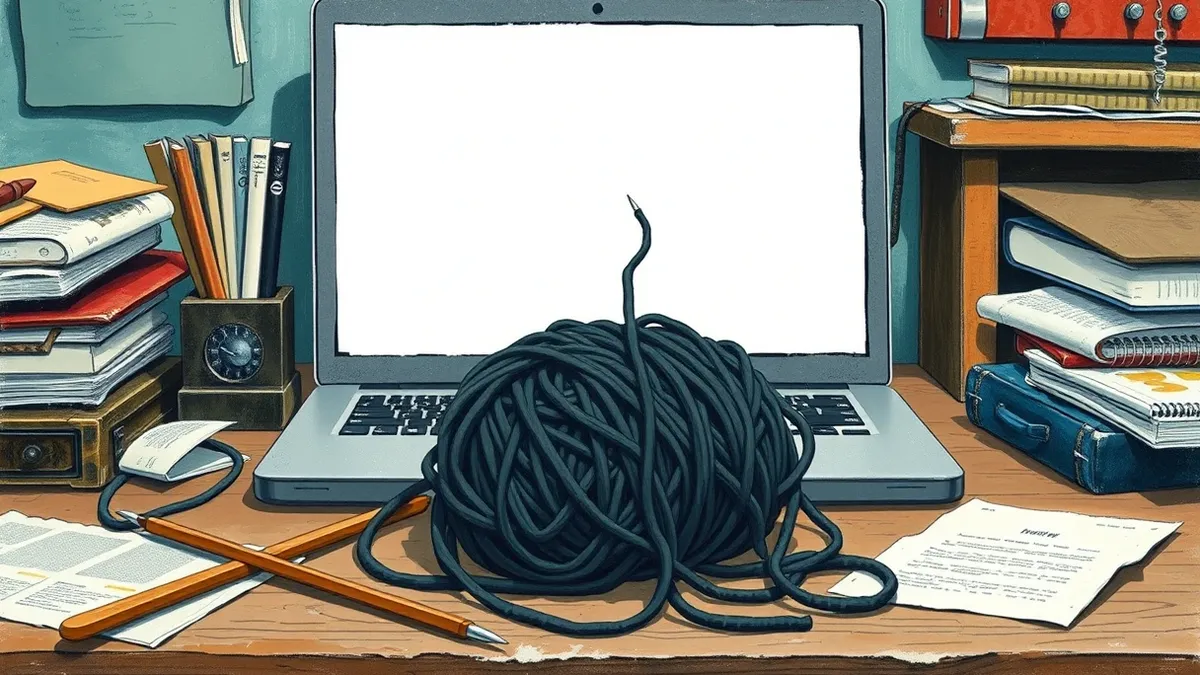 Illustration: A tangled ball of dark yarn sits on a cluttered wooden desk beside a pair of broken knitting needles.