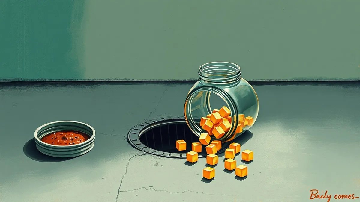 Illustration: A transparent glass jar sits on a concrete floor, its lid twisted off and lying beside it.