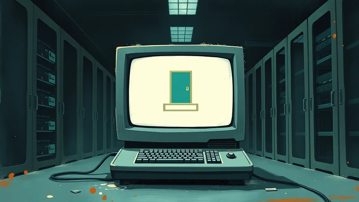 Illustration: A dusty, abandoned office terminal sits in the dark.