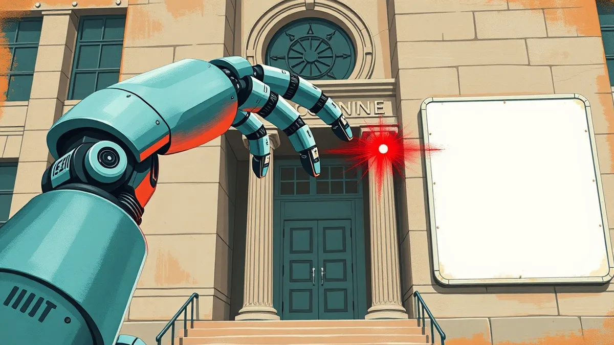 Illustration: A sleek autonomous robot arm extends toward a generic government building facade, its mechanical fingers hovering over a blank digital interface.