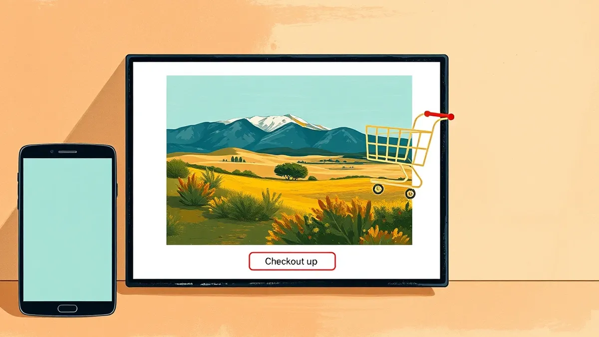 Illustration: A sleek digital photo gallery interface displays a single vibrant landscape image.
