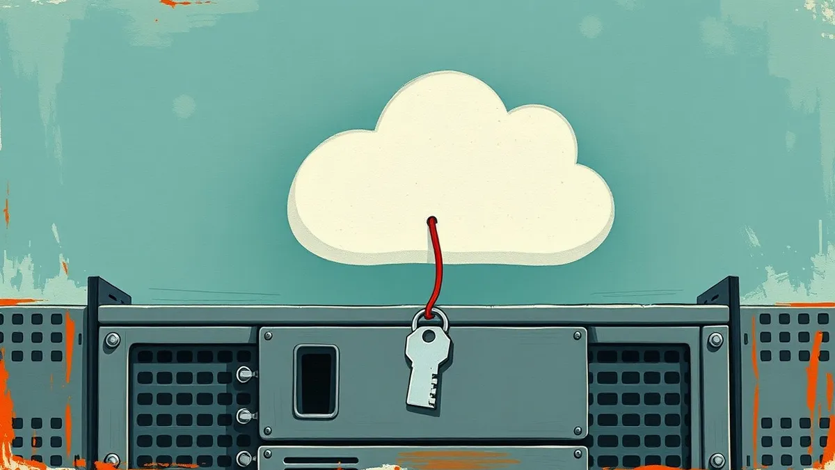 Illustration: A sleek white cloud icon floats above a jagged gray server rack.