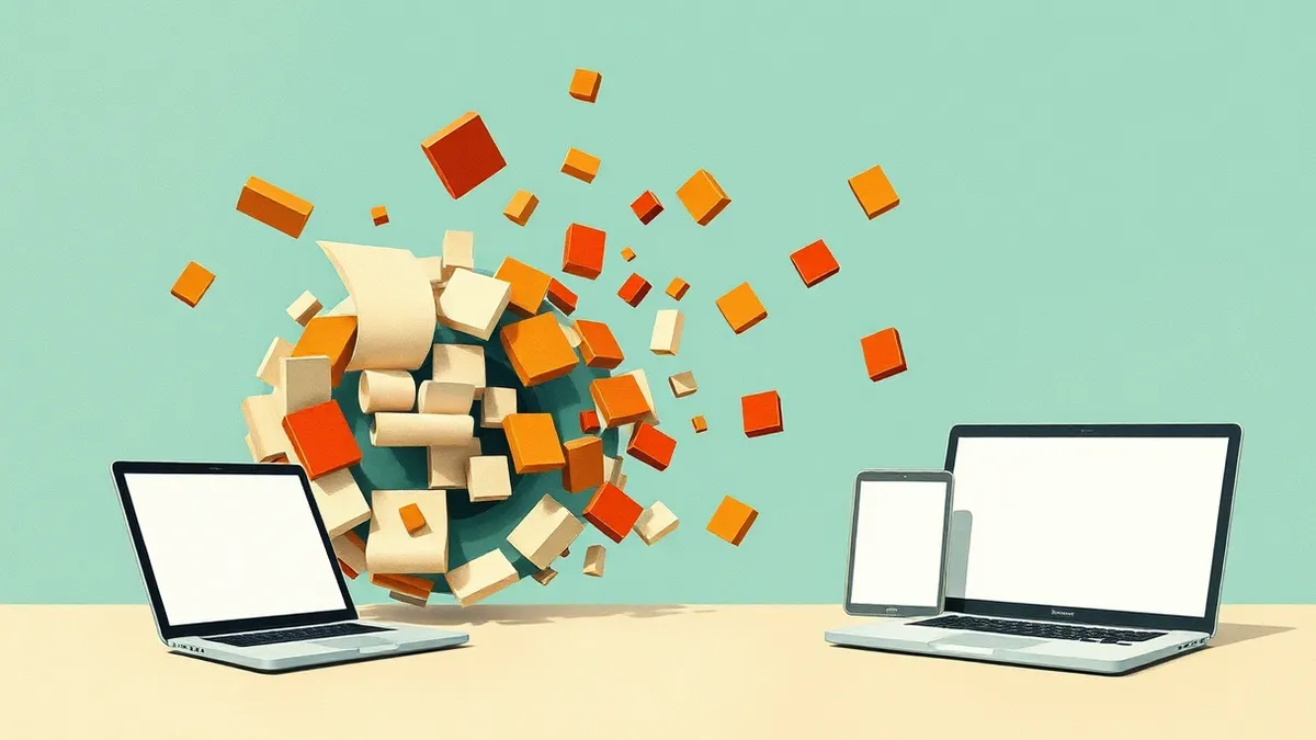 Illustration: A fragmented paper document dissolves into floating geometric blocks that drift into a smooth, continuous gradient sphere.