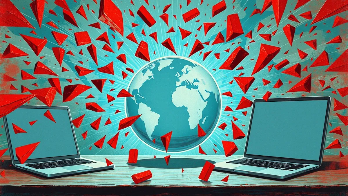 Illustration: A chaotic digital storm of sharp, jagged red shards converges on a fragile glass sphere.