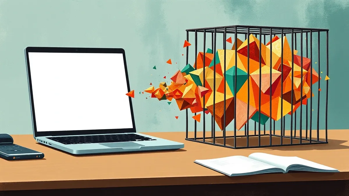 Illustration: A sleek office desk holds a modern laptop with a blank, glowing screen.