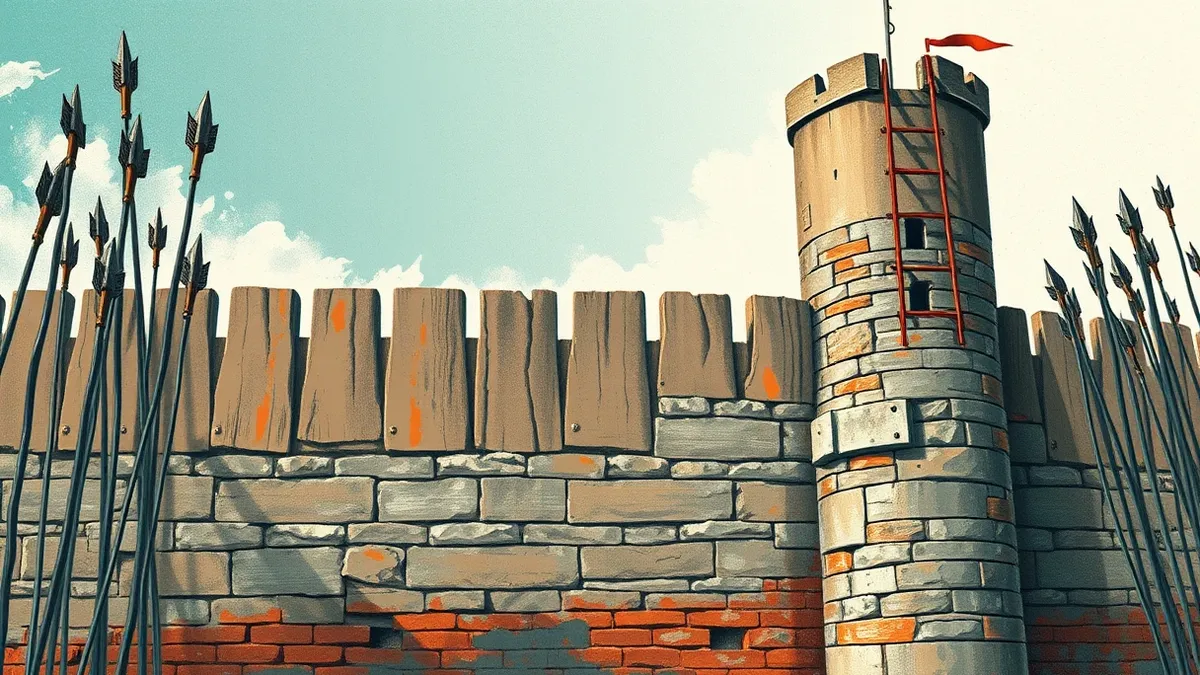 Illustration: A weathered wooden fortress wall stands firm against a barrage of grey arrows, yet tiny gaps remain in the stone mortar.