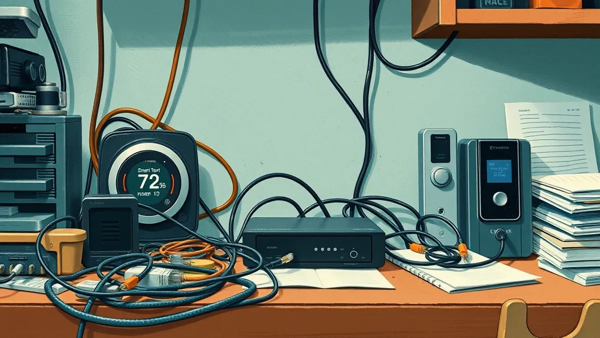 Illustration: A cluttered office desk holds a smart thermostat, a wireless security camera, and a digital door lock.