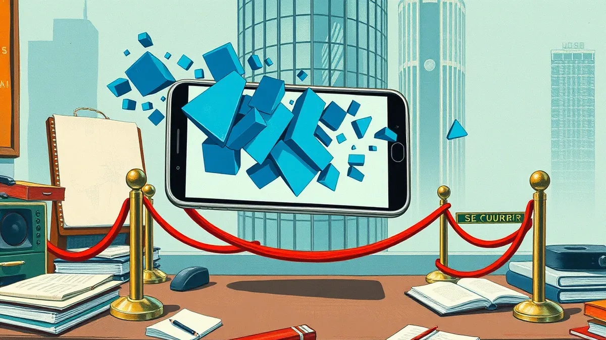 Illustration: A sleek silver smartphone floats above a cluttered desk, its screen displaying a rapid stream of abstract blue geometric shapes that spill out like liquid.