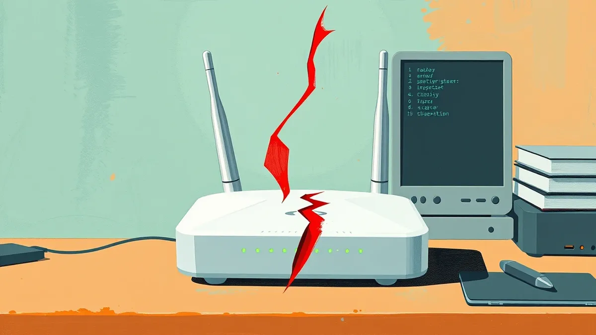 Illustration: A small white wireless router with two antennas sits on a plain desk, its status lights blinking green.