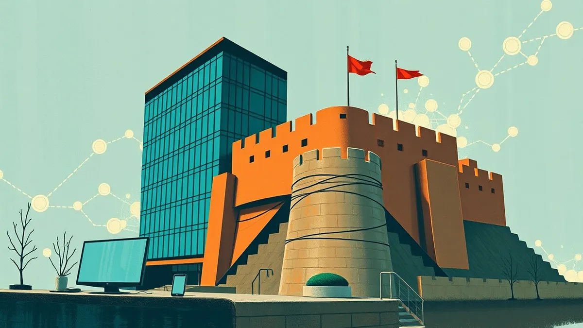 Illustration: A sleek modern office building merges with a fortress structure, symbolizing the union of corporate strategy and digital defense.