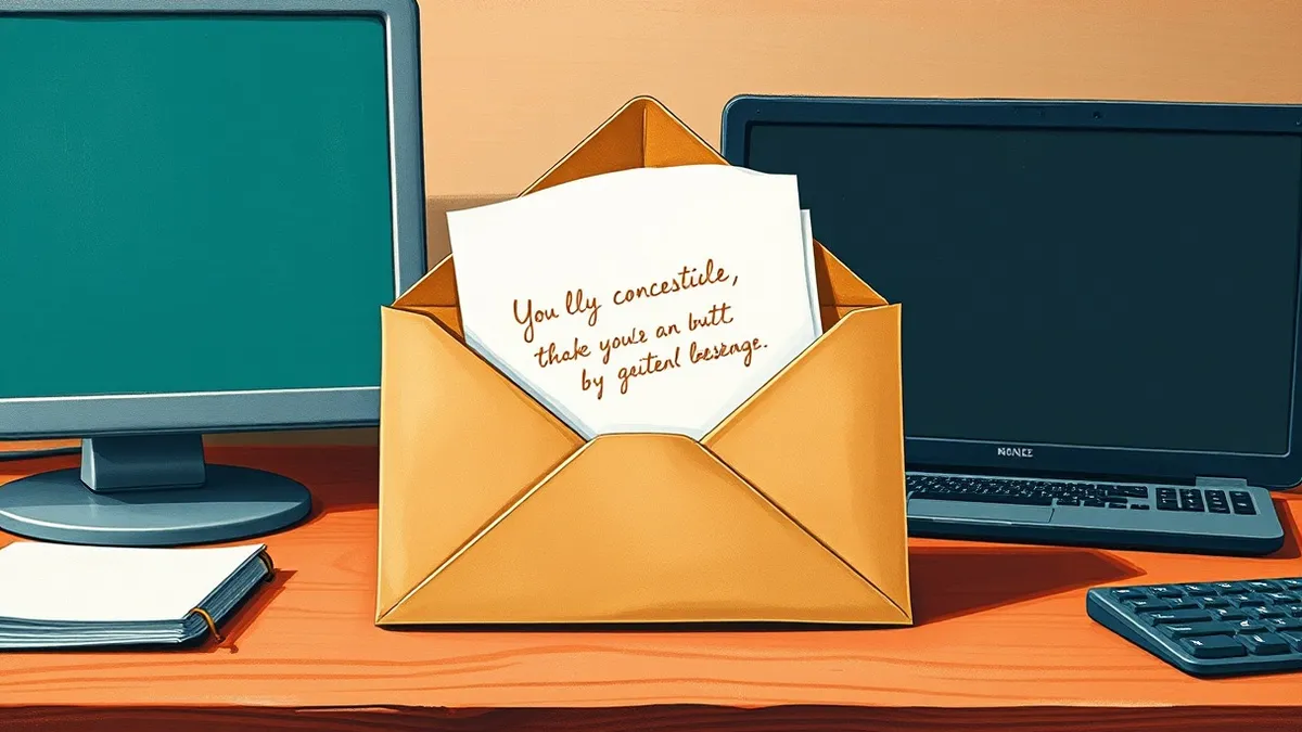 Illustration: A realistic paper envelope rests on a wooden desk, featuring a handwritten note on the flap that mimics a familiar colleague’s signature.