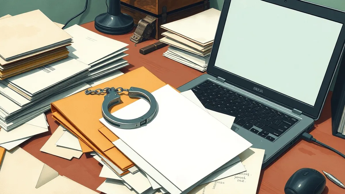Illustration: A cluttered office desk holds a scattered stack of blank white envelopes and a single sealed manila folder.
