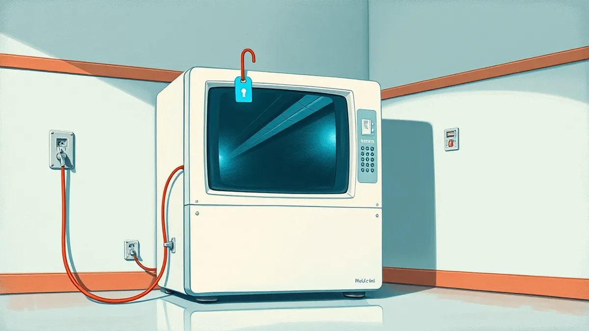 Illustration: A white medical server sits in a sterile room.