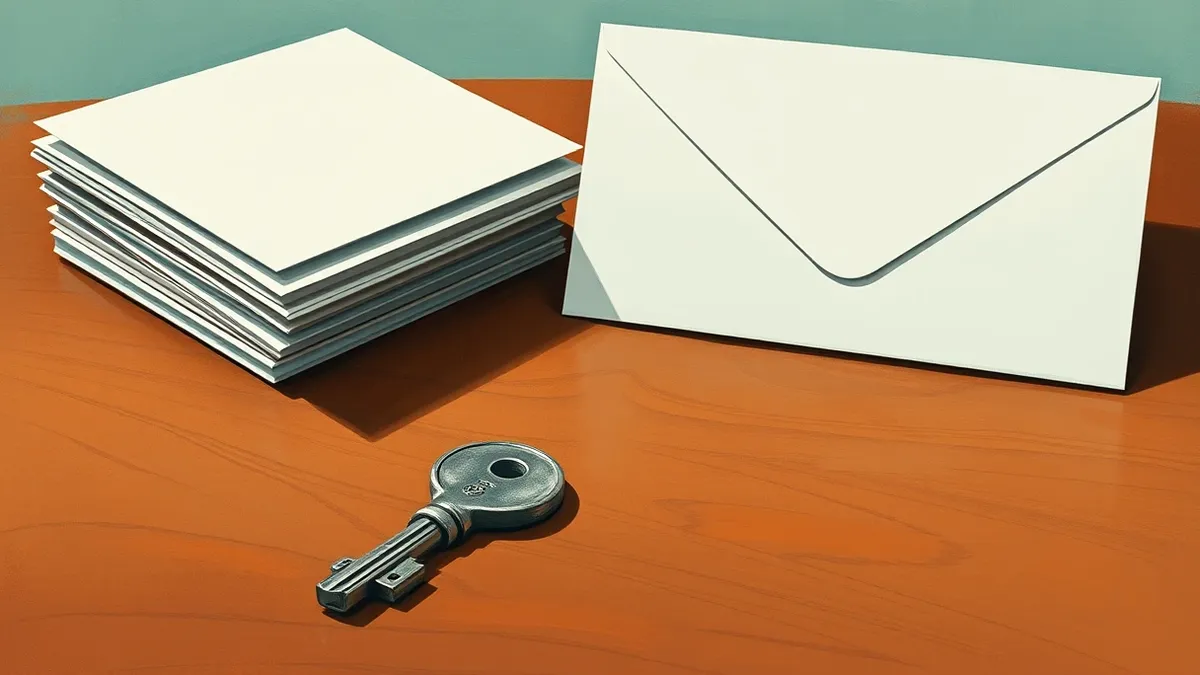 Illustration: A single metal key rests on a polished wooden table beside a stack of blank, white envelopes.
