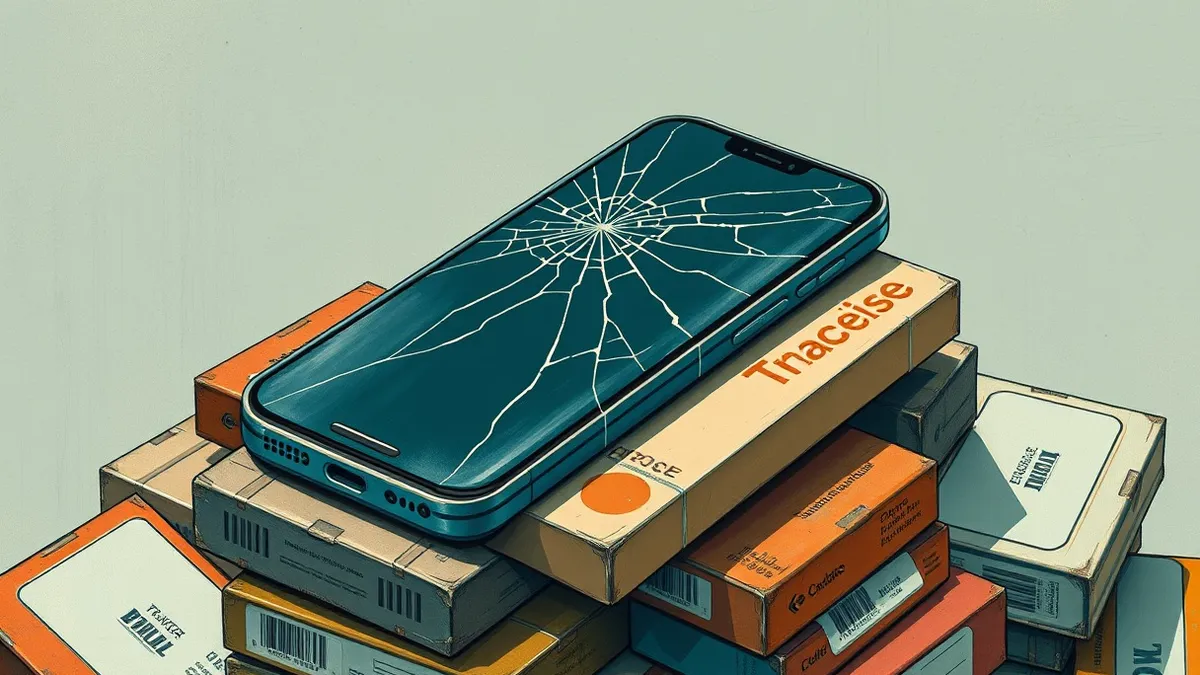 Illustration: A cracked smartphone screen sits atop a pile of unpatched software boxes.