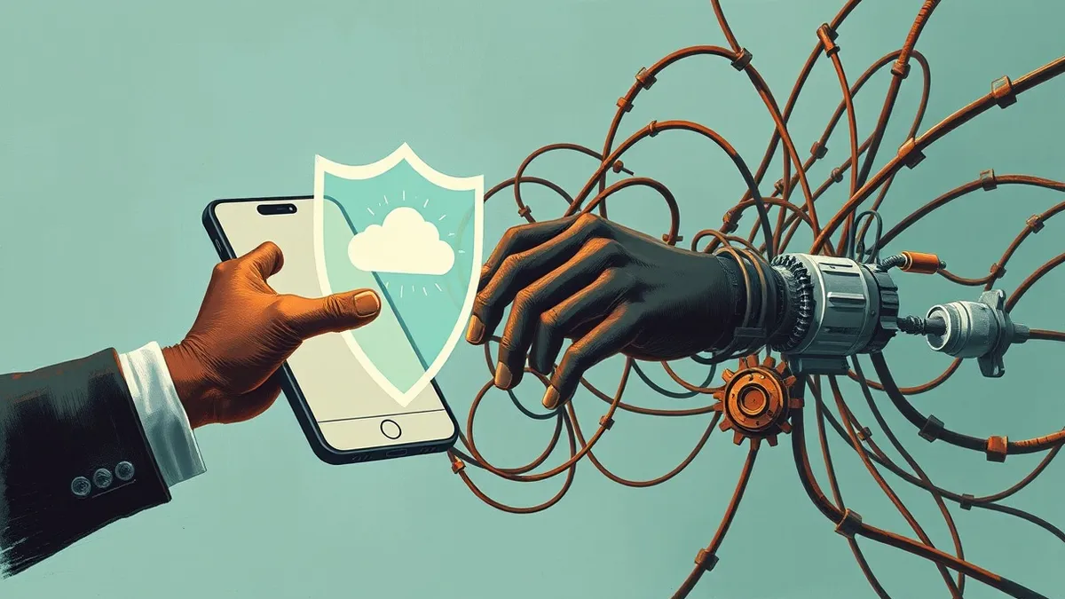 Illustration: A sleek smartphone floats beside a tangled web of automated server connection lines.