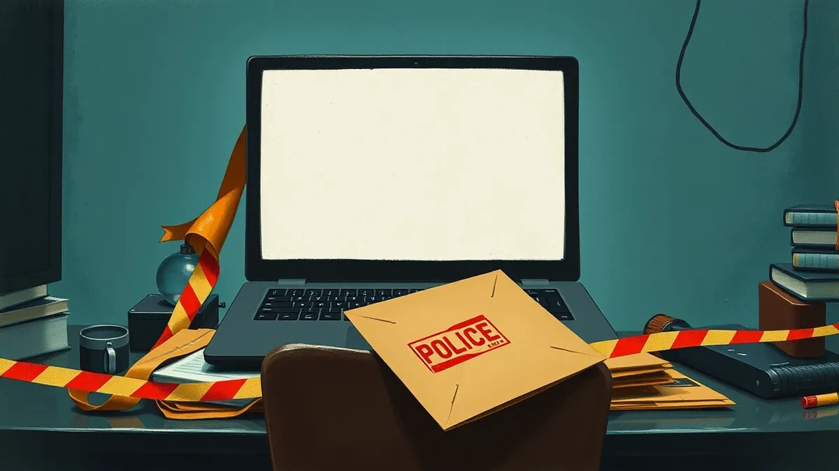 Illustration: A dark, cluttered desk holds a black laptop with a blank screen and a stack of unmarked brown envelopes.