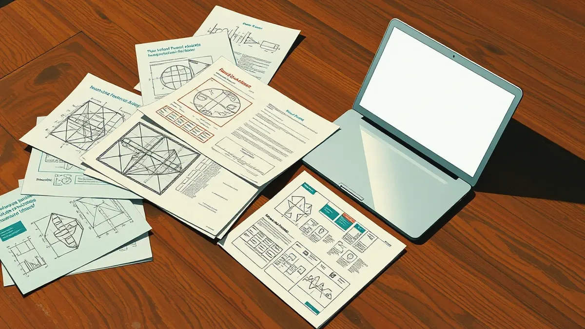 Illustration: A stack of crisp paper sheets lies scattered on a wooden table, each covered in dense, abstract geometric diagrams and complex mathematical notation.