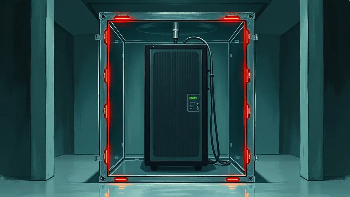 Illustration: A sleek black server unit sits isolated inside a heavy transparent containment chamber.
