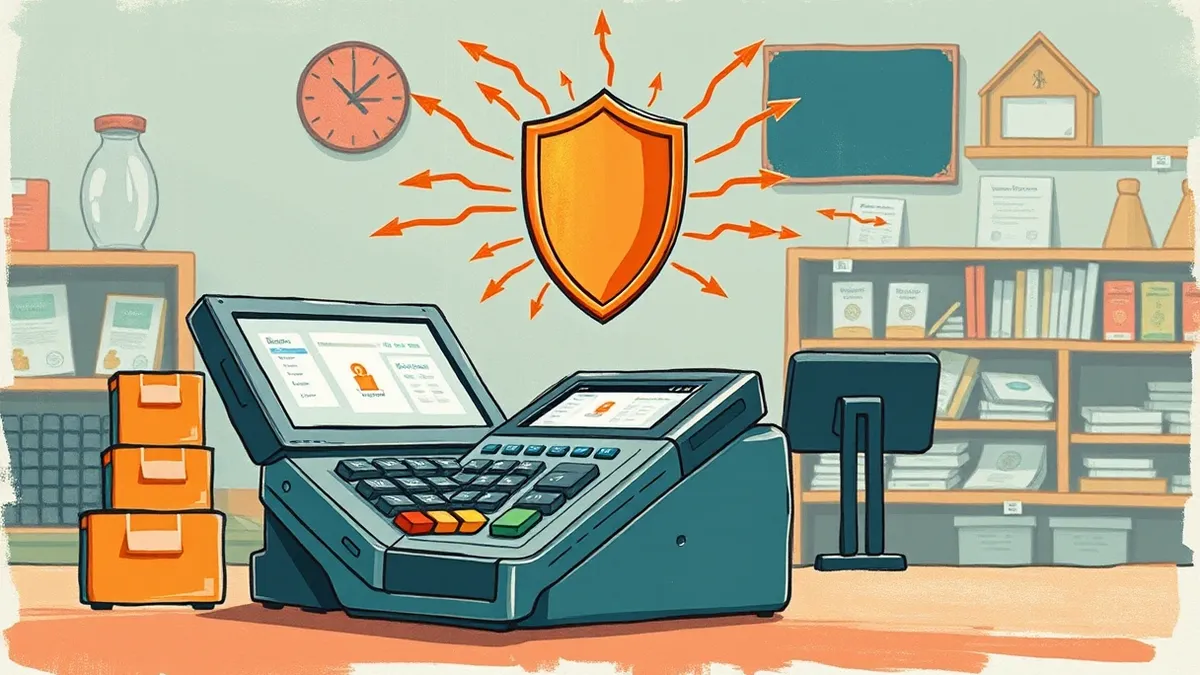 Illustration: A merchant’s till sits on a counter with a payment terminal attached, while a shield icon hovers above it.