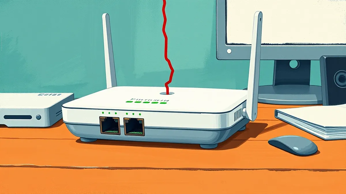 Illustration: A white wireless router sits on a wooden desk with its indicator lights glowing green.