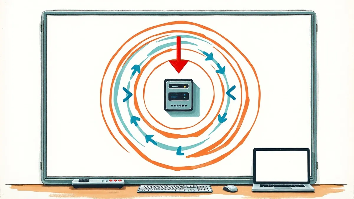 Illustration: A whiteboard displays concentric circles expanding outward from a central server icon.