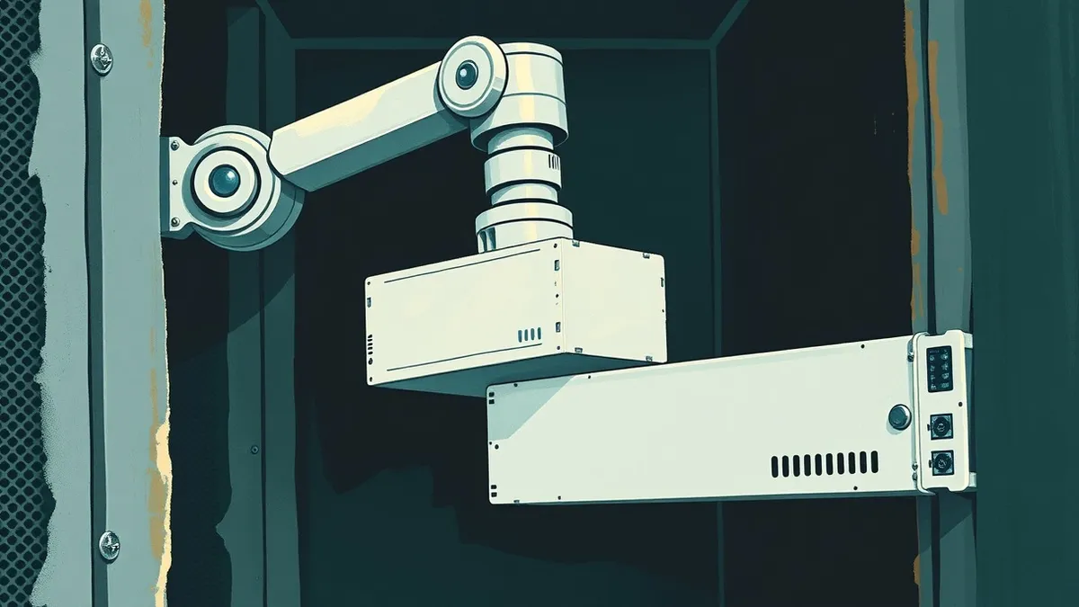 Illustration: A sleek white server module slides smoothly into a rack slot via a robotic arm.
