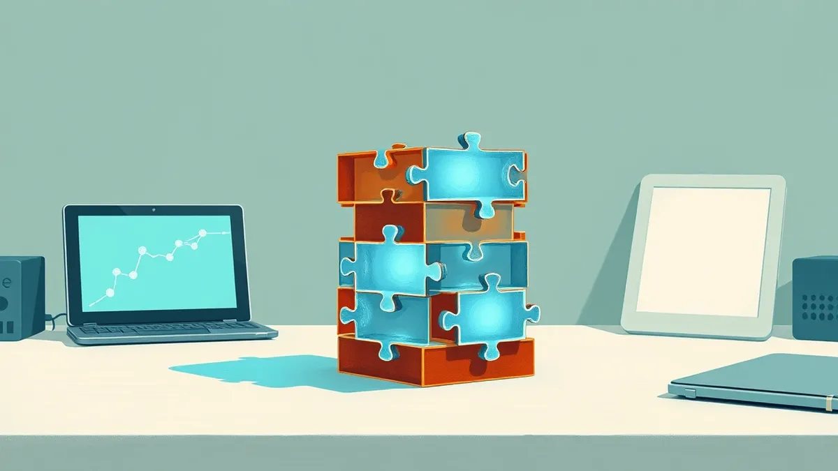 Illustration: A neat stack of translucent, geometric puzzle pieces sits on a clean white desk, each piece glowing with a soft blue light that signifies completion and order, repres