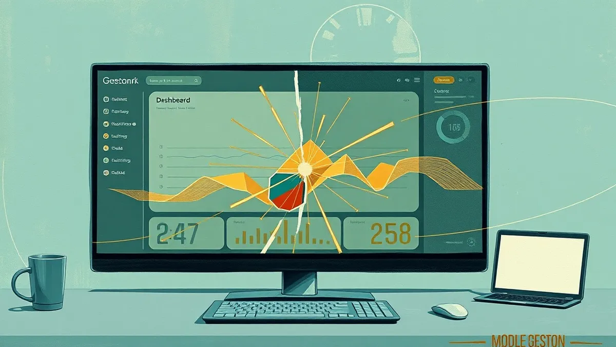Illustration: A sleek dashboard interface displays abstract geometric shapes on a blank screen.