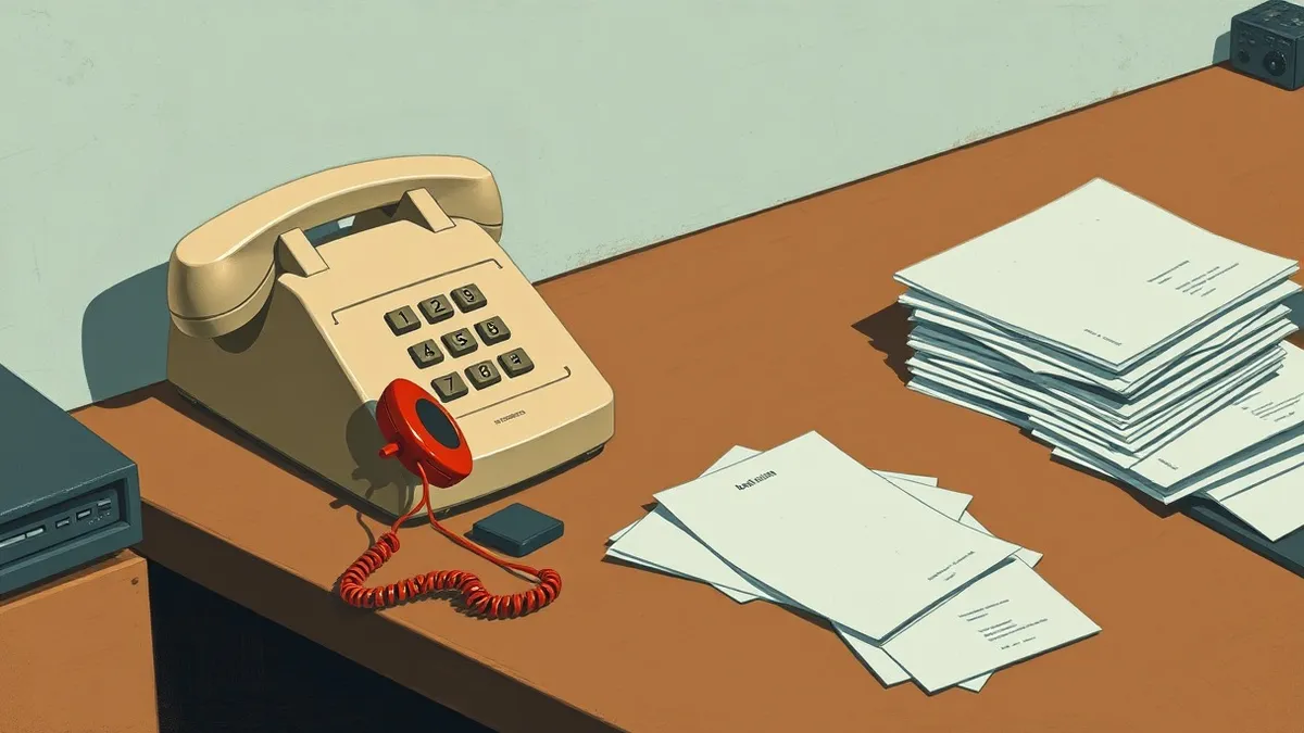 Illustration: A beige office telephone rings on a cluttered desk next to a scattered stack of blank papers.