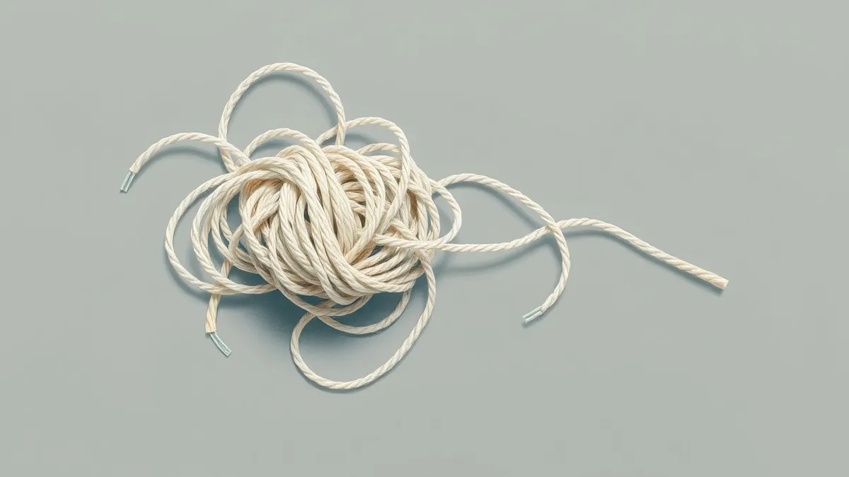 Illustration: A tangled knot of identical white threads twists into mismatched shapes.