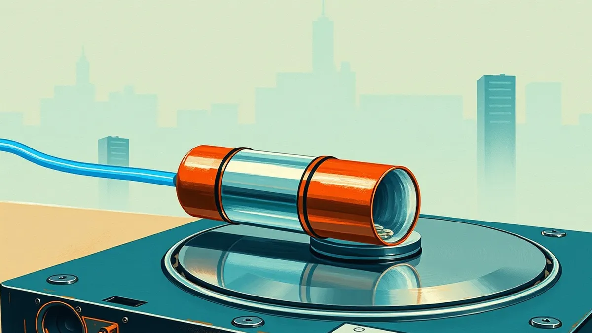 Illustration: A sealed metal capsule travels along a glowing blue tube between two distant server towers.