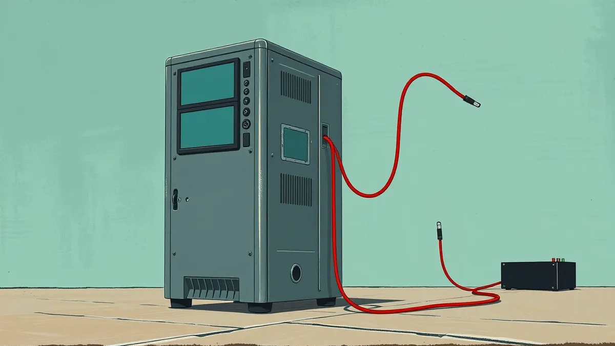 Illustration: A grey server tower sits on a concrete floor, its front panel displaying three small, blank rectangular screens.